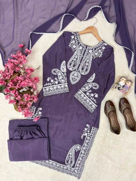 Bold Royal Purple Premium Party Wear Kurti Palazzo Dupatta Set Ready To Wear Collection