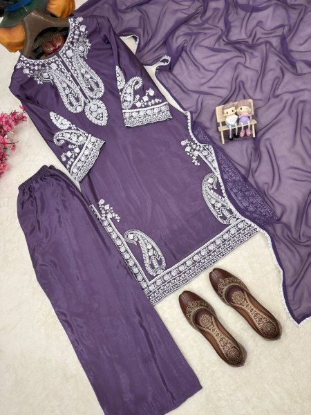 Bold Royal Purple Premium Party Wear Kurti Palazzo Dupatta Set Ready To Wear Collection