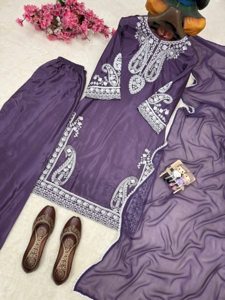 Bold Royal Purple Premium Party Wear Kurti Palazzo Dupatta Set Ready To Wear Collection