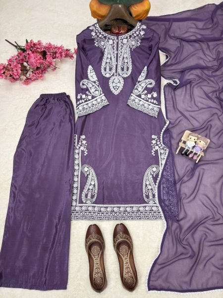 Bold Royal Purple Premium Party Wear Kurti Palazzo Dupatta Set Ready To Wear Collection
