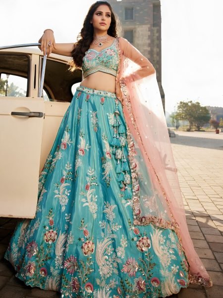 Bold Sky Blue Boutique Style Satin Silk Bridal Lehenga with Heavy Sequins and Coding Work 