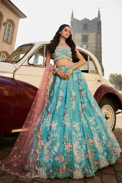 Bold Sky Blue Boutique Style Satin Silk Bridal Lehenga with Heavy Sequins and Coding Work Bridal Lehenga Choli