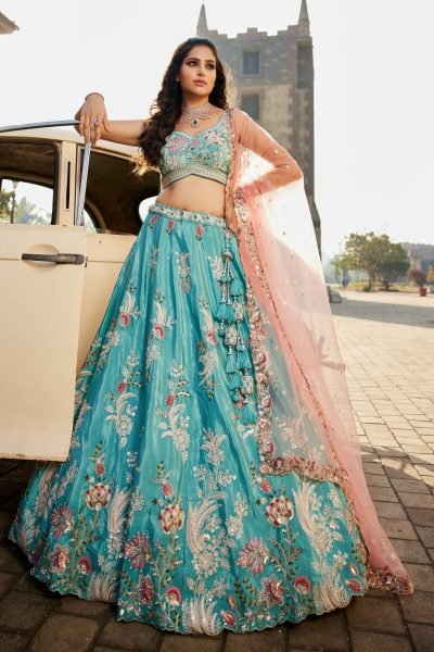 Bold Sky Blue Boutique Style Satin Silk Bridal Lehenga with Heavy Sequins and Coding Work Bridal Lehenga Choli