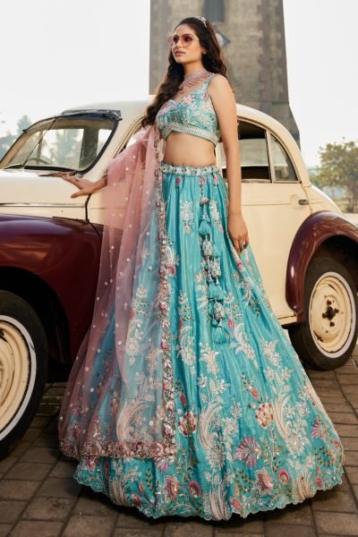 Bold Sky Blue Boutique Style Satin Silk Bridal Lehenga with Heavy Sequins and Coding Work Bridal Lehenga Choli