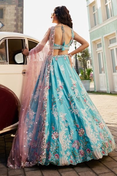 Bold Sky Blue Boutique Style Satin Silk Bridal Lehenga with Heavy Sequins and Coding Work Bridal Lehenga Choli
