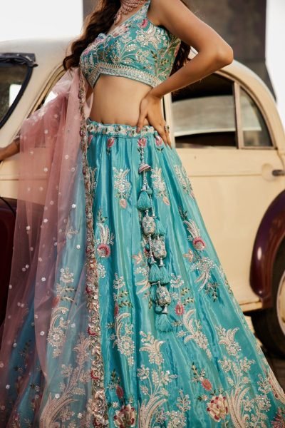 Bold Sky Blue Boutique Style Satin Silk Bridal Lehenga with Heavy Sequins and Coding Work Bridal Lehenga Choli