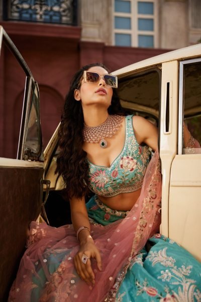 Bold Sky Blue Boutique Style Satin Silk Bridal Lehenga with Heavy Sequins and Coding Work Bridal Lehenga Choli