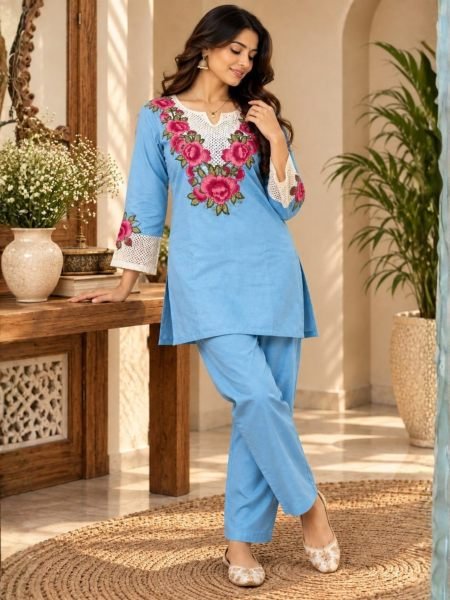 Bold Sky Blue Party Wear Rayon Slub Co Ord Set with Thread Embroidery Work Kurtis