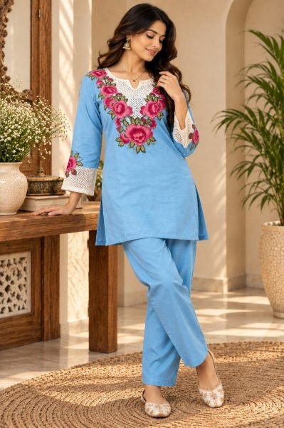 Bold Sky Blue Party Wear Rayon Slub Co Ord Set with Thread Embroidery Work CO ORD Sets