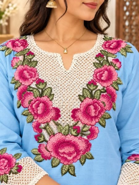 Bold Sky Blue Party Wear Rayon Slub Co Ord Set with Thread Embroidery Work CO ORD Sets
