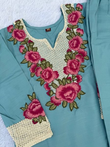Bold Sky Blue Party Wear Rayon Slub Co Ord Set with Thread Embroidery Work CO ORD Sets