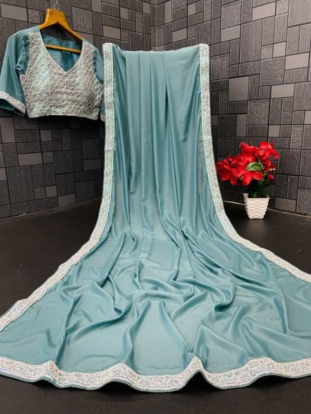 Bold Sky Blue Women's Chocolate Silk Saree with Heavy Embroidery Blouse 