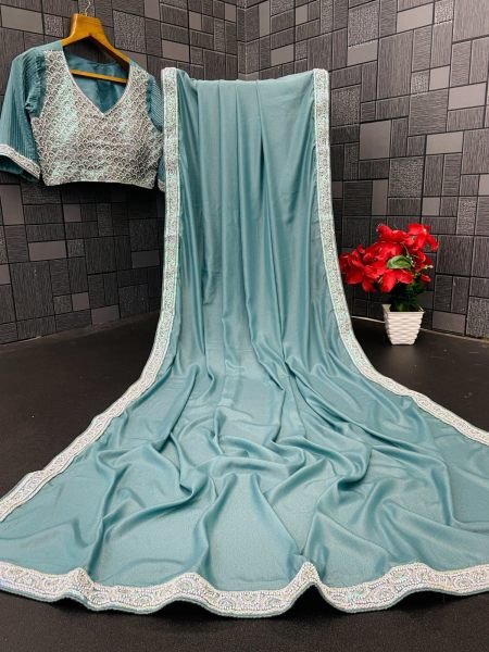Bold Sky Blue Women's Chocolate Silk Saree with Heavy Embroidery Blouse Embroidery Sarees Wholesale