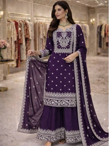 Bold Structure Purple Fandy Silk Embroidered Sequence And Thread Work Top Plazo Set with Elegant Finishing Dupatta Ready To Wear Suit