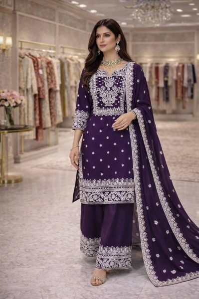 Bold Structure Purple Fandy Silk Embroidered Sequence And Thread Work Top Plazo Set with Elegant Finishing Dupatta Ready To Wear Collection