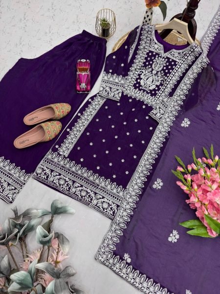 Bold Structure Purple Fandy Silk Embroidered Sequence And Thread Work Top Plazo Set with Elegant Finishing Dupatta Ready To Wear Collection