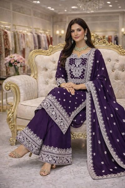 Bold Structure Purple Fandy Silk Embroidered Sequence And Thread Work Top Plazo Set with Elegant Finishing Dupatta Ready To Wear Collection