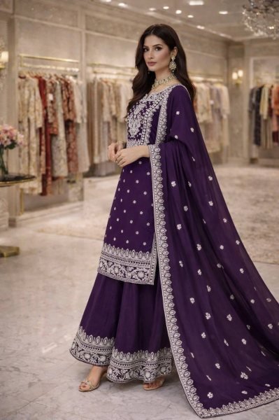 Bold Structure Purple Fandy Silk Embroidered Sequence And Thread Work Top Plazo Set with Elegant Finishing Dupatta Ready To Wear Collection