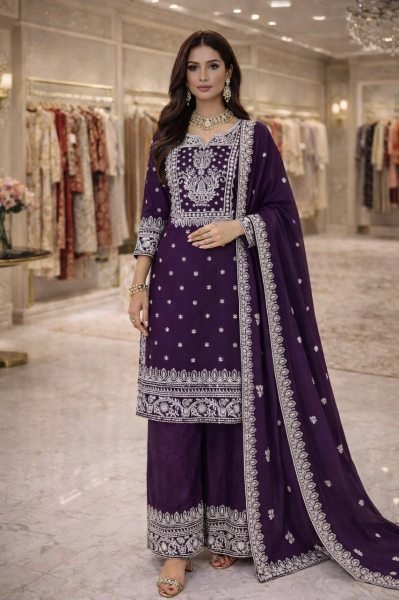 Bold Structure Purple Fandy Silk Embroidered Sequence And Thread Work Top Plazo Set with Elegant Finishing Dupatta Ready To Wear Collection