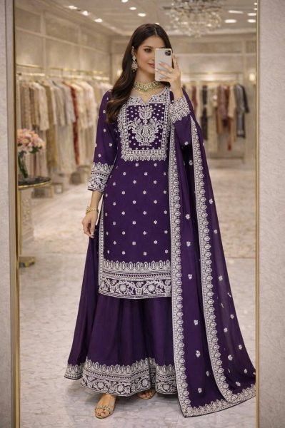 Bold Structure Purple Fandy Silk Embroidered Sequence And Thread Work Top Plazo Set with Elegant Finishing Dupatta Ready To Wear Collection