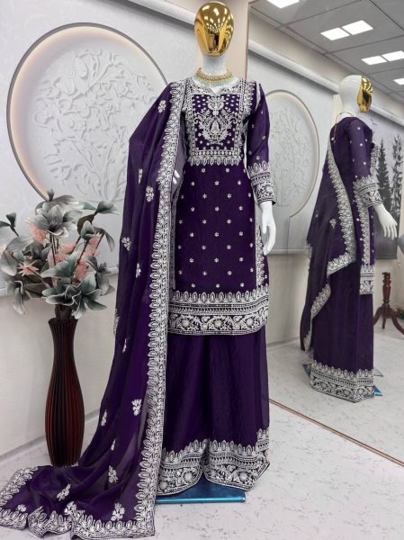 Bold Structure Purple Fandy Silk Embroidered Sequence And Thread Work Top Plazo Set with Elegant Finishing Dupatta Ready To Wear Collection