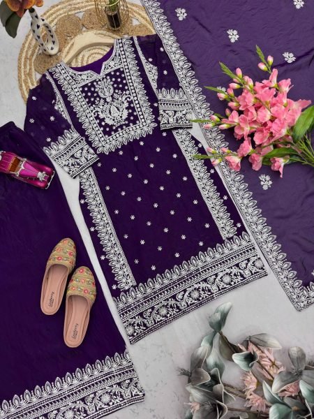 Bold Structure Purple Fandy Silk Embroidered Sequence And Thread Work Top Plazo Set with Elegant Finishing Dupatta Ready To Wear Collection