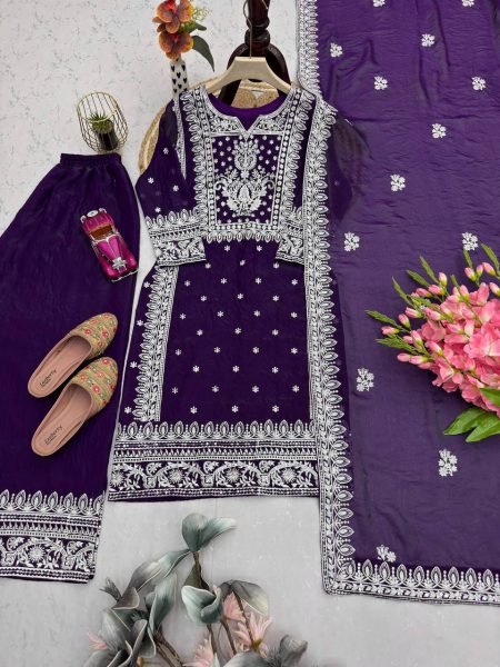 Bold Structure Purple Fandy Silk Embroidered Sequence And Thread Work Top Plazo Set with Elegant Finishing Dupatta Ready To Wear Collection