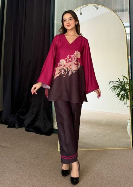 Bold Two Tone Black Satin Coord Set with Digital Print Premium Winter Partywear Collection Kurti With Bottom Wholesale
