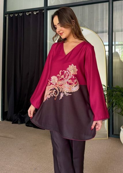 Bold Two Tone Black Satin Coord Set with Digital Print Premium Winter Partywear Collection Kurti With Bottom Wholesale