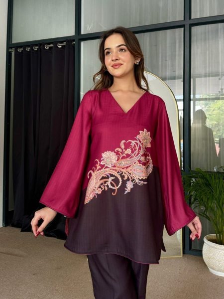 Bold Two Tone Black Satin Coord Set with Digital Print Premium Winter Partywear Collection Kurti With Bottom Wholesale