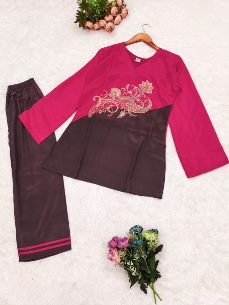 Bold Two Tone Black Satin Coord Set with Digital Print Premium Winter Partywear Collection Kurti With Bottom Wholesale