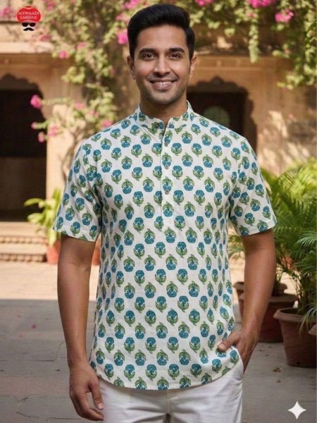 Bold White and Aqua Blue Floral Hand Block Printed Short Kurta for Men 