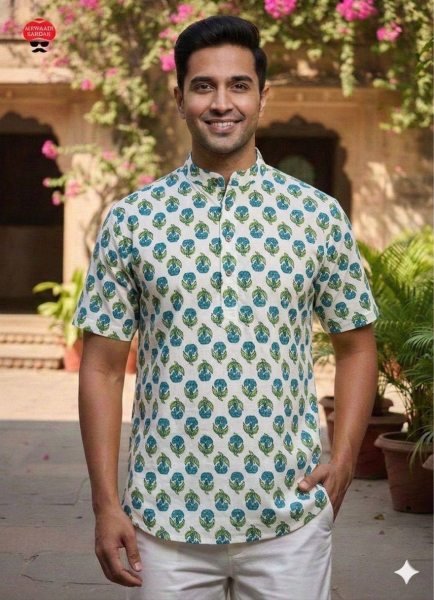 Bold White and Aqua Blue Floral Hand Block Printed Short Kurta for Men Mens Short Kurta