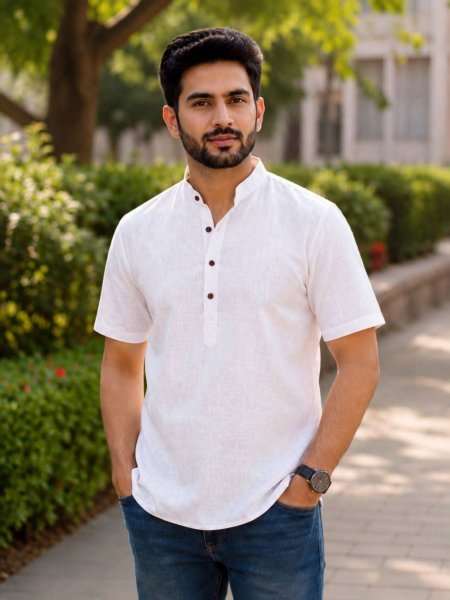 Bold White Khadi Linen Ethnic Short Kurta for Men with Modern Traditional Style 