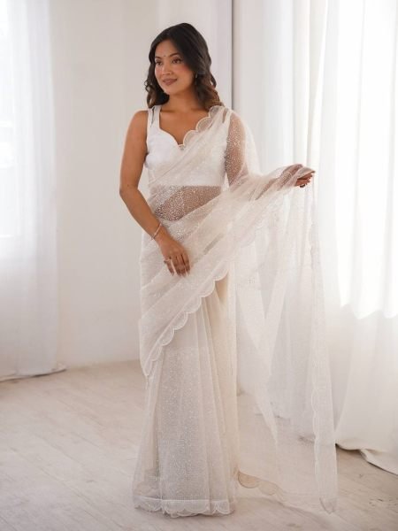 Bold White Soft Net Embroidered Saree with Unstitched Blouse for Wedding  Wholesale Sarees Suppliers in Kuwait