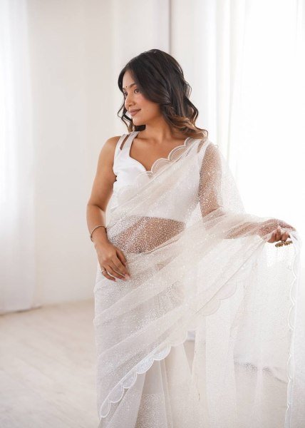 Bold White Soft Net Embroidered Saree with Unstitched Blouse for Wedding  Net Sarees Wholesale
