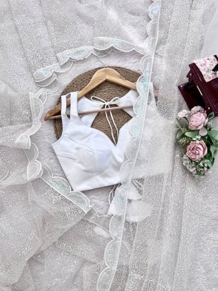 Bold White Soft Net Embroidered Saree with Unstitched Blouse for Wedding  Net Sarees Wholesale