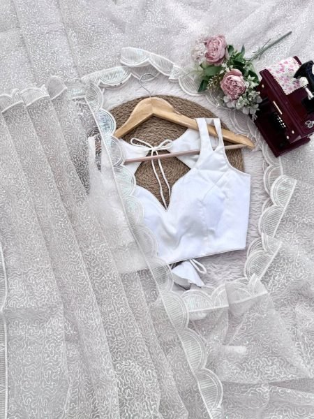 Bold White Soft Net Embroidered Saree with Unstitched Blouse for Wedding  Net Sarees Wholesale
