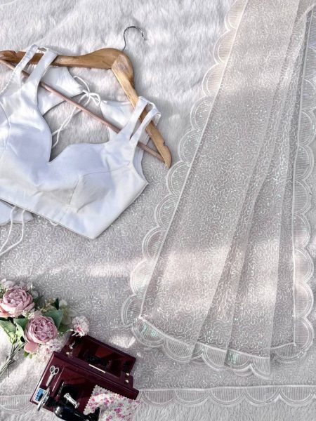 Bold White Soft Net Embroidered Saree with Unstitched Blouse for Wedding  Net Sarees Wholesale