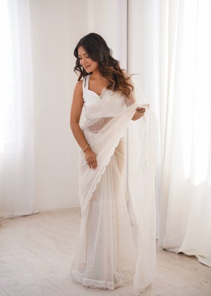 Bold White Soft Net Embroidered Saree with Unstitched Blouse for Wedding  Net Sarees Wholesale