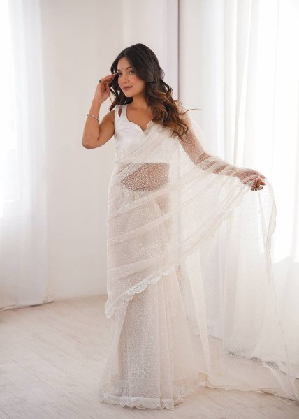 Bold White Soft Net Embroidered Saree with Unstitched Blouse for Wedding  Net Sarees Wholesale
