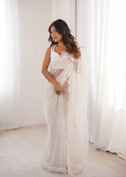 Bold White Soft Net Embroidered Saree with Unstitched Blouse for Wedding  Net Sarees Wholesale
