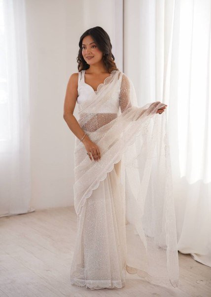 Bold White Soft Net Embroidered Saree with Unstitched Blouse for Wedding  Net Sarees Wholesale