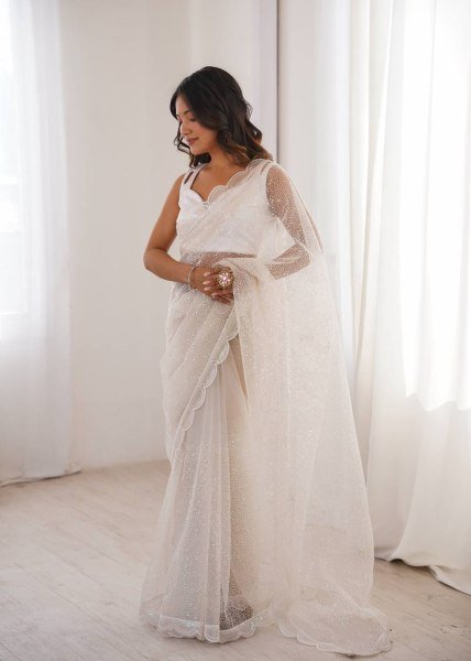 Bold White Soft Net Embroidered Saree with Unstitched Blouse for Wedding  Net Sarees Wholesale