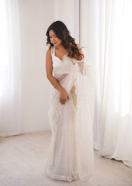 Bold White Soft Net Embroidered Saree with Unstitched Blouse for Wedding  Net Sarees Wholesale