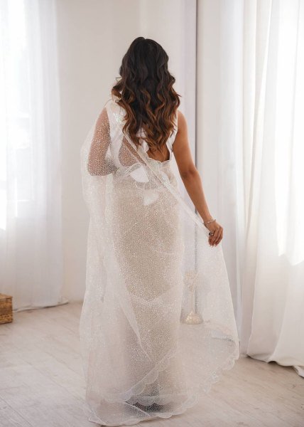 Bold White Soft Net Embroidered Saree with Unstitched Blouse for Wedding  Net Sarees Wholesale