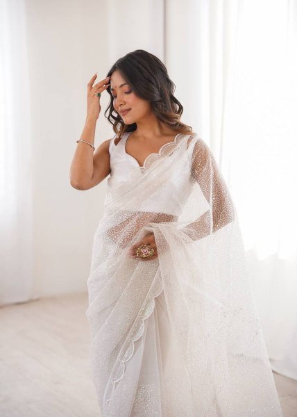 Bold White Soft Net Embroidered Saree with Unstitched Blouse for Wedding  Net Sarees Wholesale