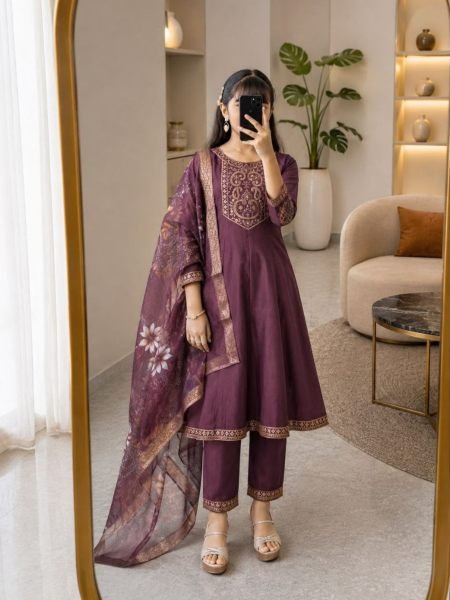Bold Wine Girls Traditional Ethnic Set with Embroidered Kurti & Printed Dupatta 