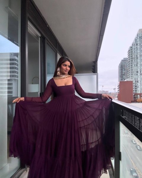 Bold Wine Ruffle Georgette  Anarkali with Sequence Dupatta  Perfect for Functional Wear Georgette Kurti 