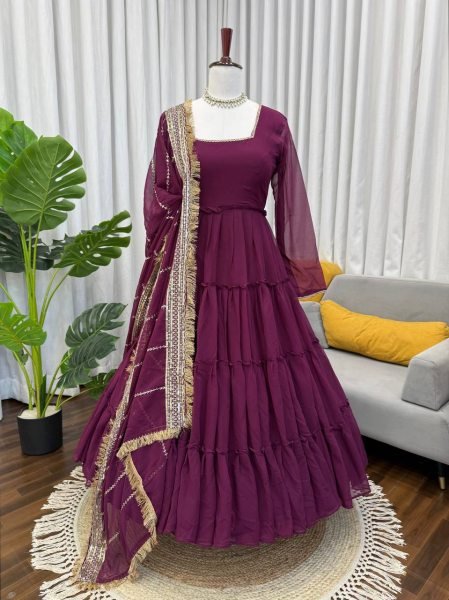 Bold Wine Ruffle Georgette  Anarkali with Sequence Dupatta  Perfect for Functional Wear Georgette Kurti 